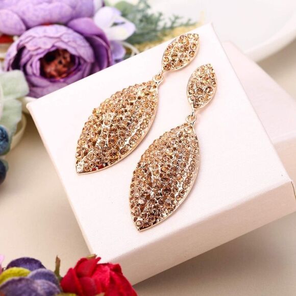 Rose Gold with Champagne Topaz Crystal Double Leaf Chandelier Post Earrings - Picture 2 of 4